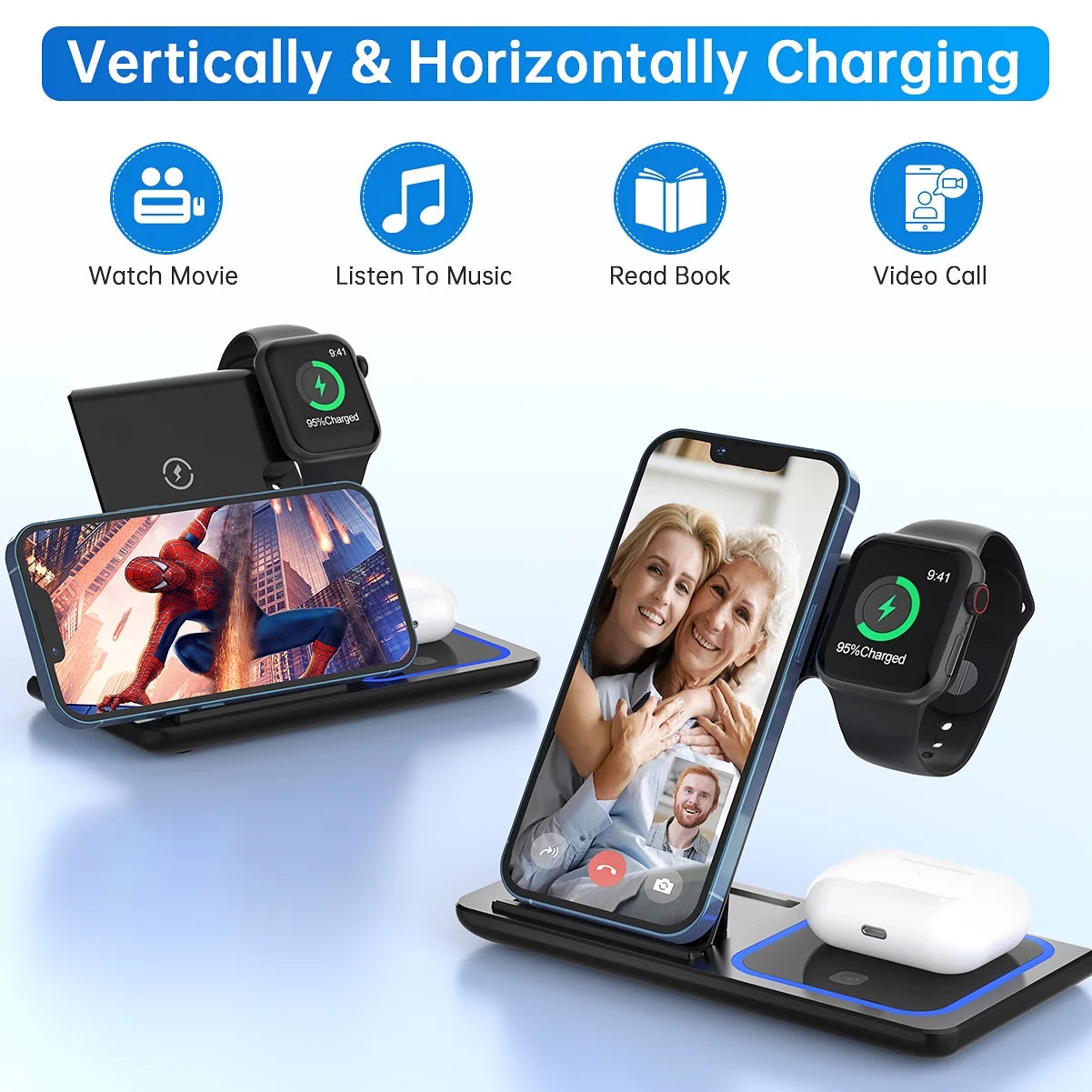 Wireless Charging Station, 18W Fast Charger for iPhone 16/15/14/13/12/11/Pro Max/Plus, 3-in-1 Stand for Apple Watch Series SE 10/9/8/7/6/5/4/3 and AirPods Pro/3/2 (Includes QC3.0 Adapter)