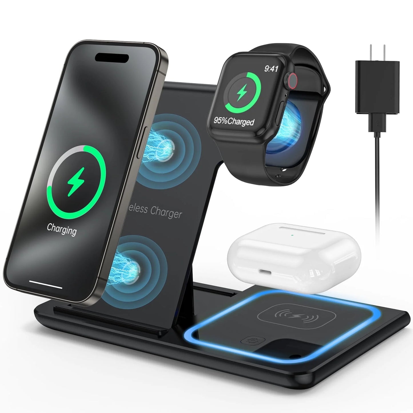 Wireless Charging Station, 18W Fast Charger for iPhone 16/15/14/13/12/11/Pro Max/Plus, 3-in-1 Stand for Apple Watch Series SE 10/9/8/7/6/5/4/3 and AirPods Pro/3/2 (Includes QC3.0 Adapter)