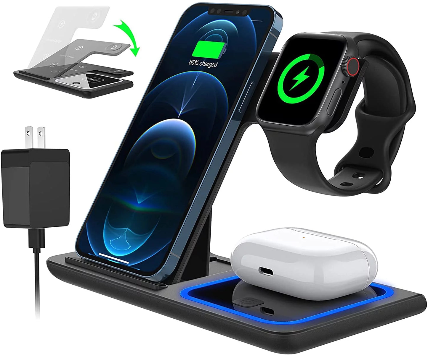 Wireless Charging Station, 18W Fast Charger for iPhone 16/15/14/13/12/11/Pro Max/Plus, 3-in-1 Stand for Apple Watch Series SE 10/9/8/7/6/5/4/3 and AirPods Pro/3/2 (Includes QC3.0 Adapter)