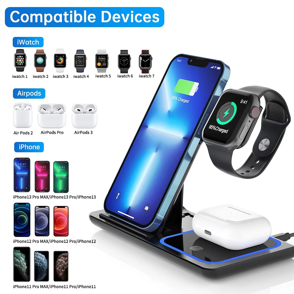 Wireless Charging Station, 18W Fast Charger for iPhone 16/15/14/13/12/11/Pro Max/Plus, 3-in-1 Stand for Apple Watch Series SE 10/9/8/7/6/5/4/3 and AirPods Pro/3/2 (Includes QC3.0 Adapter)